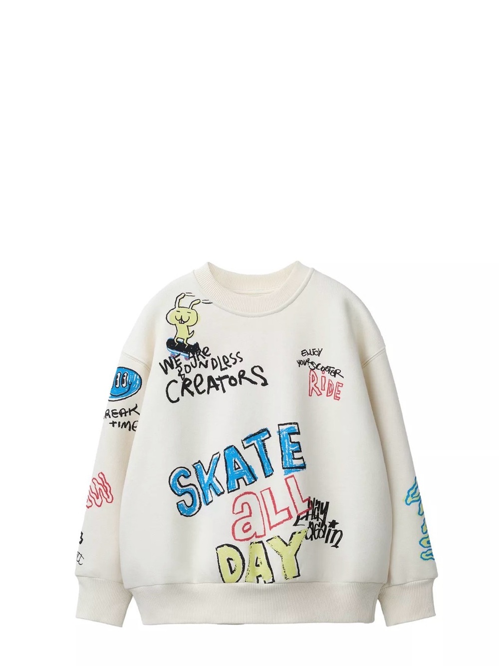 Zara Cream Skate All Day Graphic Sweatshirt with Blue, Pink & Yellow Prints